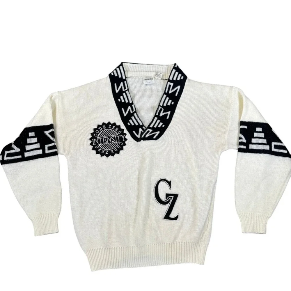 Vintage Code Zero Intensity Sweater White Black V-Neck Geometric Knit Mens Small